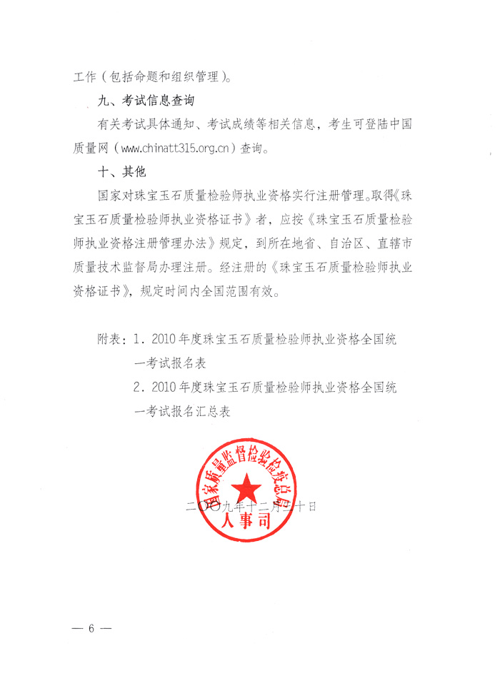 國家質(zhì)量監(jiān)督檢驗檢疫總局人事司《關于2010年度珠寶玉石質(zhì)量檢驗師執(zhí)業(yè)資格全國統(tǒng)一考試有關問題的通知》