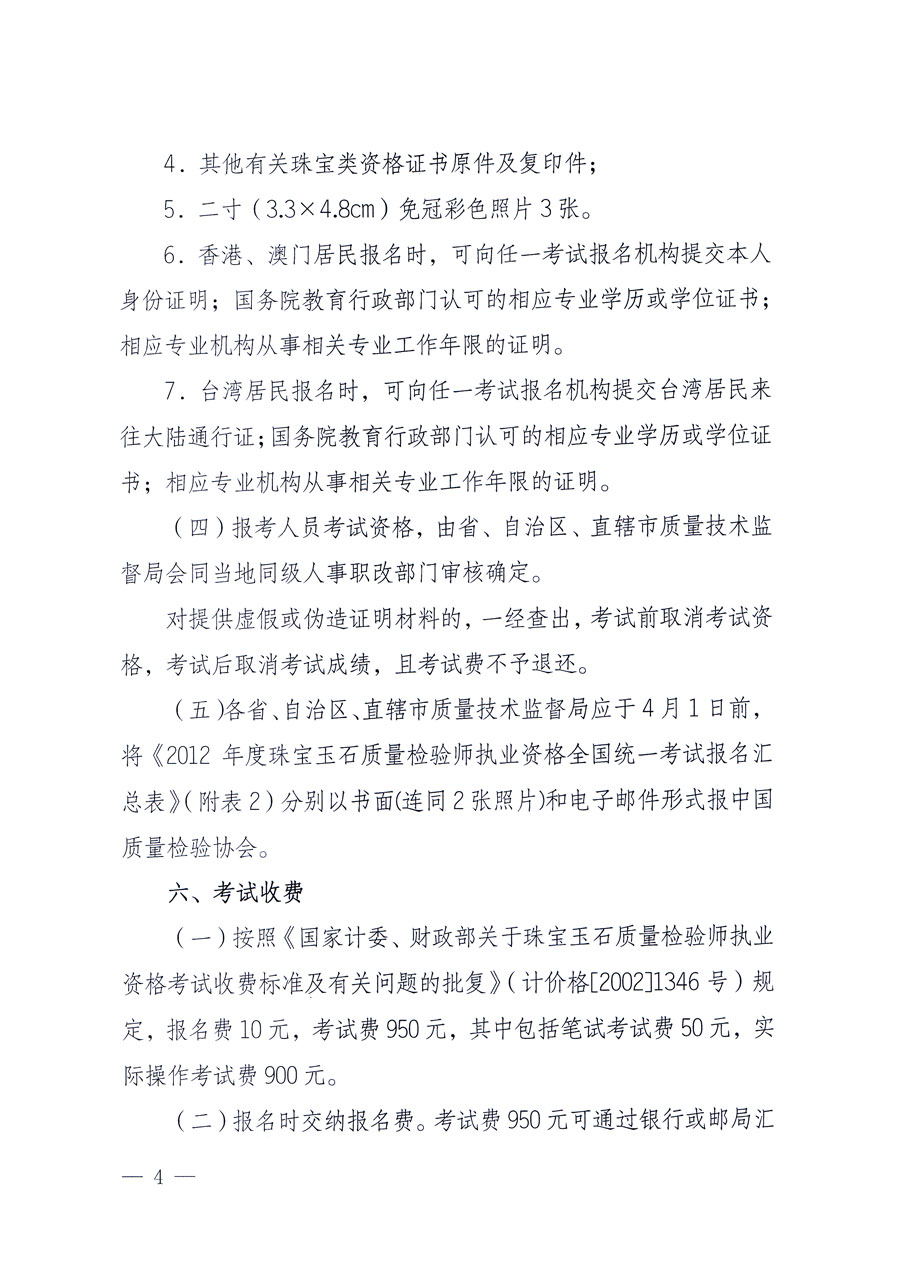 國(guó)家質(zhì)量監(jiān)督檢驗(yàn)檢疫總局人事司《關(guān)于2012年度珠寶玉石質(zhì)量檢驗(yàn)師執(zhí)業(yè)資格全國(guó)統(tǒng)一考試有關(guān)問題的通知》